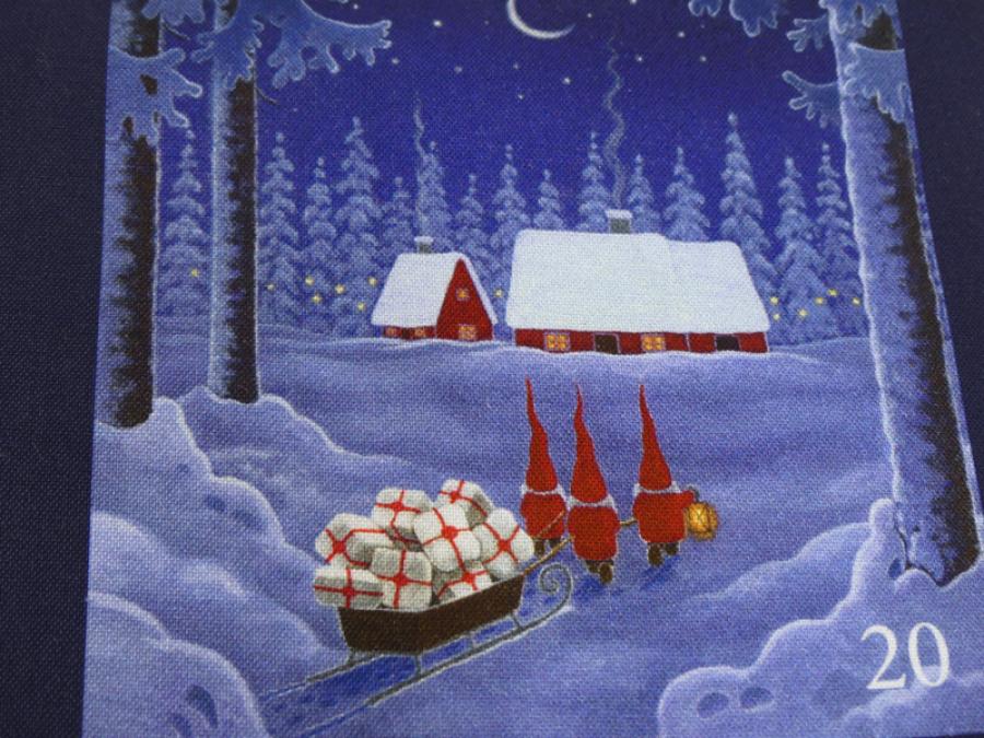 Patchworkstoff Tomtens Village Panel Adventskalender Detailansicht 3 Wichtel